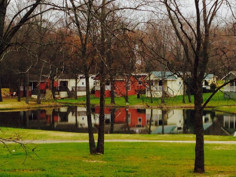 Wide shot of cabins at Mill Creek Ranch Resort during the fall