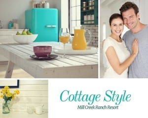 "Cottage Style": image of white dining table with juice and cereal bowl; happy couple