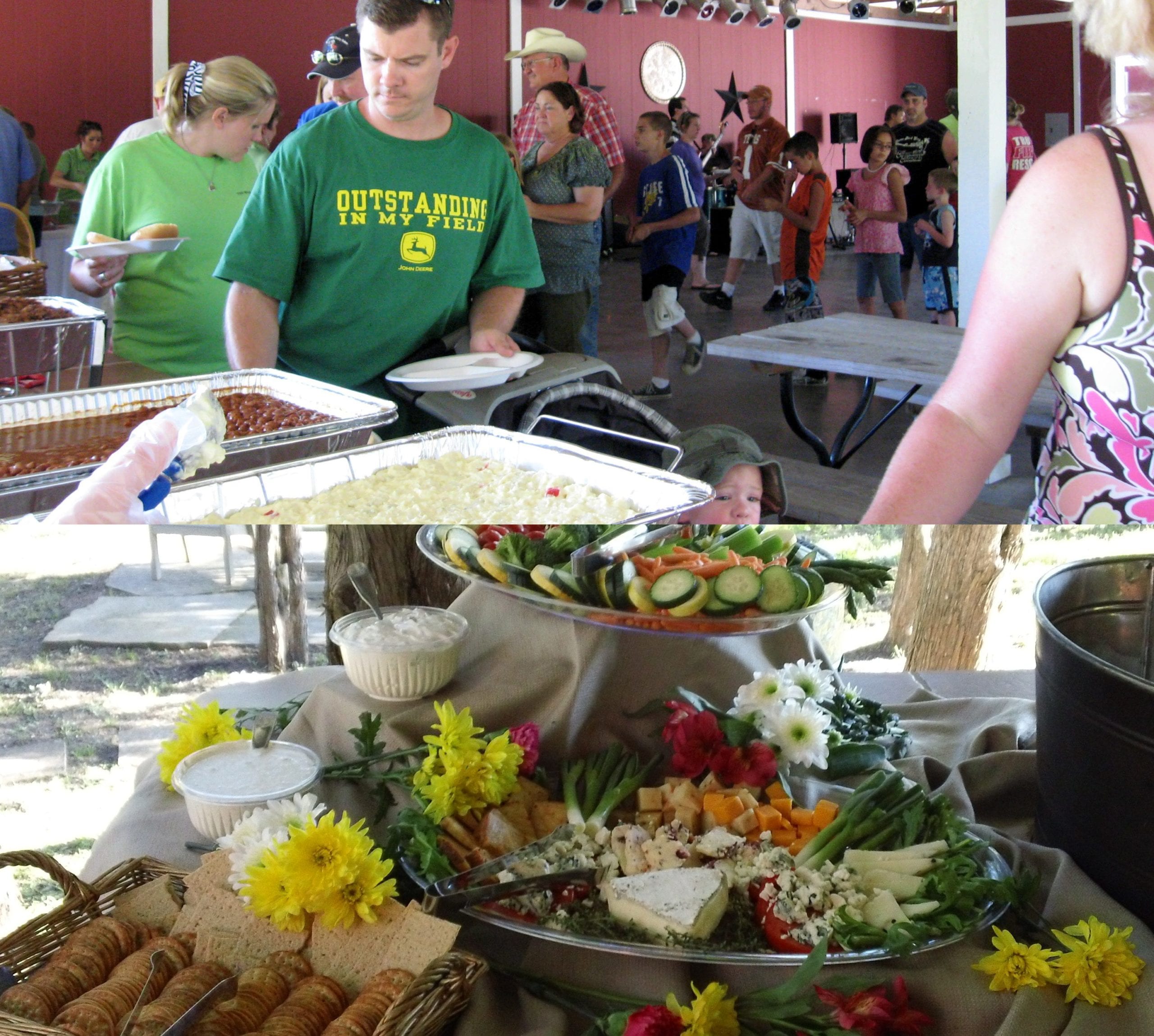 Collage: man in catering line, platters of sliced vegetables, cheeses and crackers