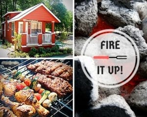 Collage: small red cabin, skewers of meet and vegetable on the grill, hot ashy coals