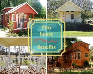 "Tiny House Benefits" over picture of four cabins in Canton, TX