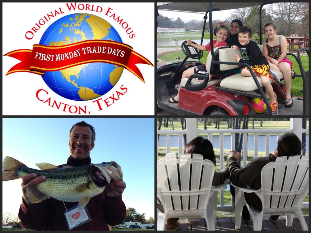Collage of images: First Monday Trade Days logo, man with fish, family on golf cart, couple in lounge chairs holding hands