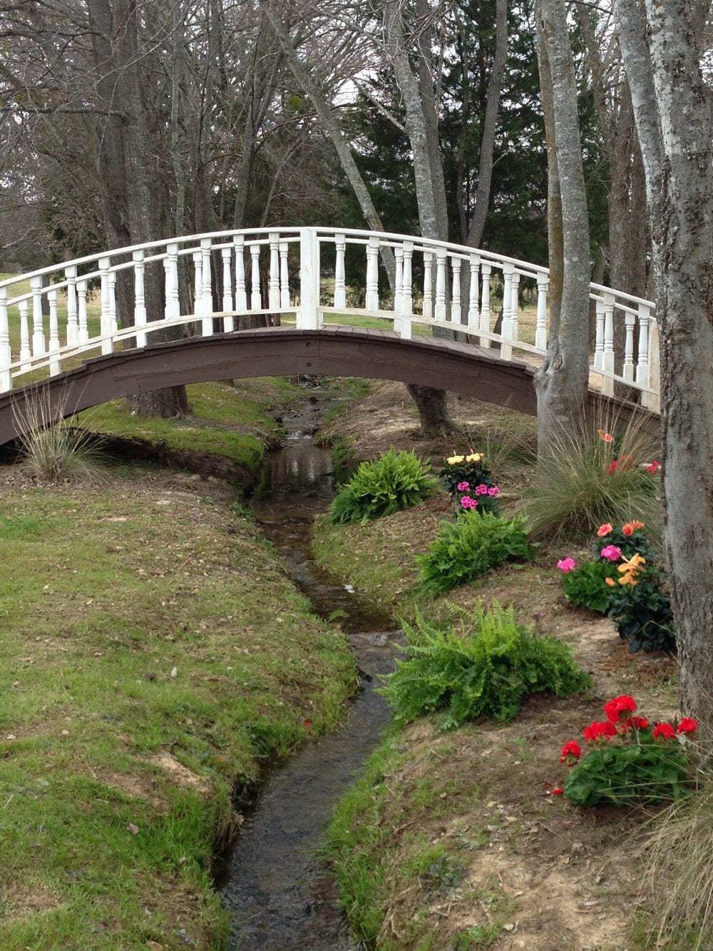 Arched white wooden bridge over creek