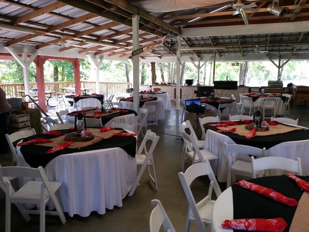 Pavilion at Mill Creek Ranch Resort styled for corporate meeting with catered meal