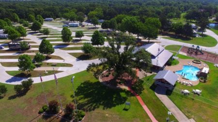 Aerial view of rv park, family vacations in texas