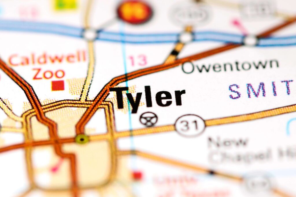 A map with Tyler Texas Attractions.